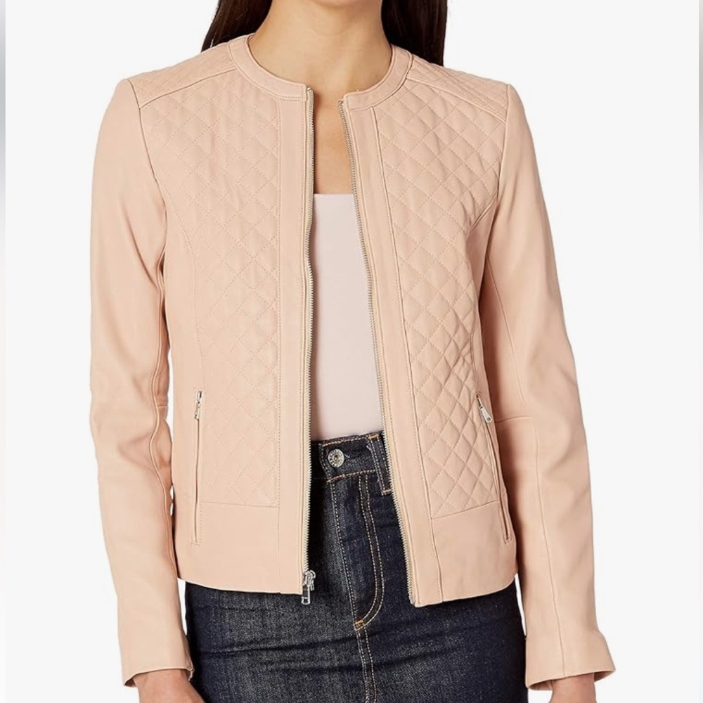 🌟COLE HAAN🌟 QUILTED JEWEL NECK ZIP UP LEATHER JACKET PINK SZ S